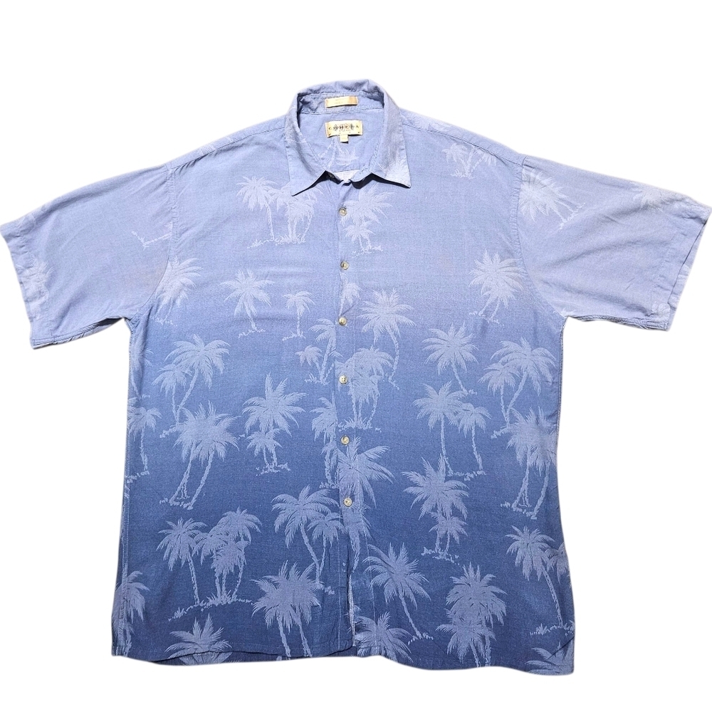 Mens Vtg Palm Tree Button-Up Shirt Blue XL Rayon Ombre 90s Made in Korea